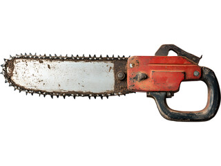 Old rusty chainsaw isolated on transparent background, perfect for danger, tool, forestry, and industrial themed design concepts.