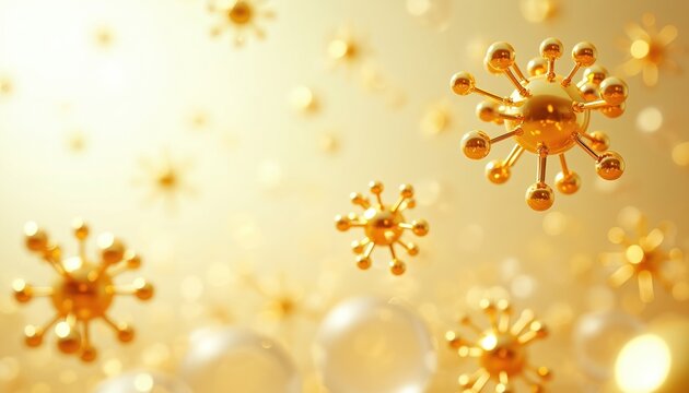 Golden virus cells floating in space. Abstract 3d render of corona virus concept. Medical science background with golden objects. Backdrop for health, disease, tech or finance.