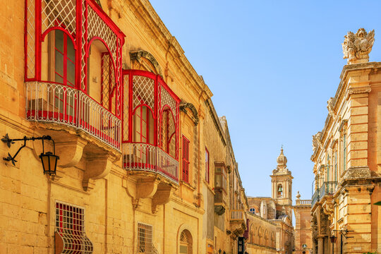 Mdina, Malta. Features of traditional houses in the medieval town.