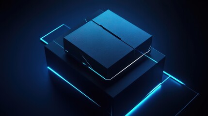 A sleek, illuminated package resting on a futuristic pedestal with glowing accents in a dark setting