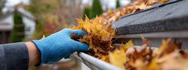 Autumn leaf removal from home gutters, a homeowner's seasonal chore