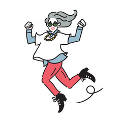 元気にジャンプするおしゃれなアクティブシニア女性のイラスト