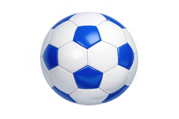 Soccer ball with blue and white hexagonal and pentagonal panels, sporting equipment for football game, transparent background