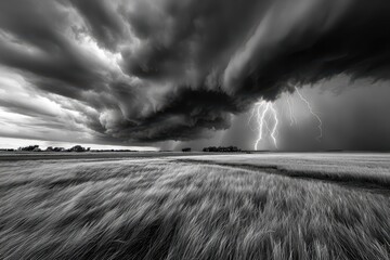 Dramatic black and white landscape of stormy sky with lightning over a field of grass