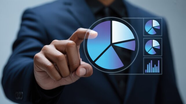 A professional in a suit interacts with a holographic data visualization showcasing pie charts and graphs for analysis - Powered by Adobe