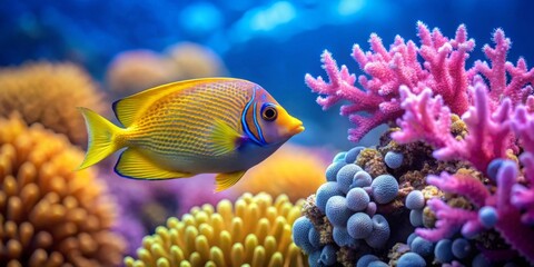 Obraz premium Vibrant yellow and blue striped fish gracefully glides past intricate pink and orange coral formations in a stunning underwater scene