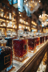 A row of elegant glass bottles filled with amber liquid, displayed in a dimly lit, upscale establishment