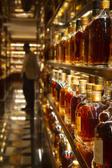 Elegantly arranged display of premium aged spirits bottles in a sophisticated cellar setting, highlighting a refined selection and curated tasting experience