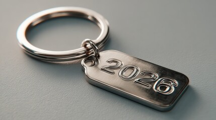Metallic keychain tag displaying the year 2026 on a smooth, neutral background