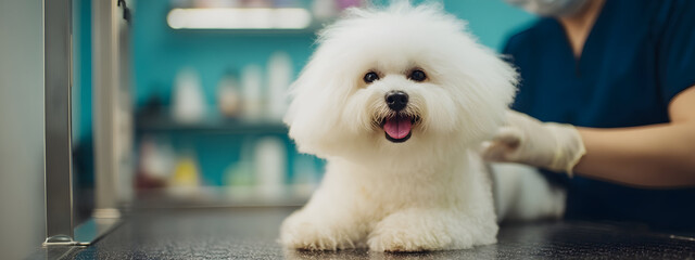 Happy Bichon Frise dog getting groomed at a veterinary clinic with a groomer in the background