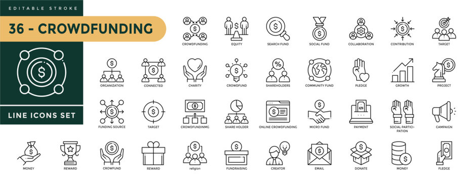 Crowdfunding icons set with editable stroke, includinge equity, social fund, collaboration, target, growth, pledge, campaign, pledge, creator, fundraising, Thin linear vector illustration