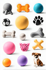 A charming collection of diverse and colorful dog toys, including balls, bones, and textured chew items, neatly arranged with an adorable puppy on a clean white background
