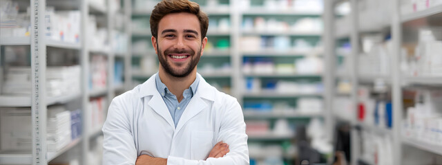 Friendly young male pharmacist in a white coat, with arms crossed, smiling at the camera in a modern, well-stocked pharmacy setting