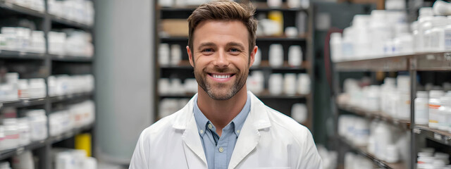 Smiling Male Pharmacist in White Coat Providing Professional Healthcare Service and Expert Advice in a Modern Pharmacy Setting