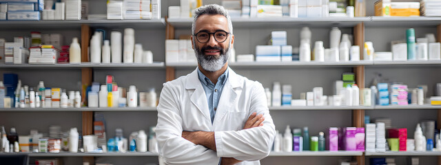 Portrait of a smiling male pharmacist wearing a white coat with his arms crossed in a pharmacy aisle