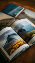 Beautifully curated collection of landscape photography books displayed on a wooden surface, showcasing stunning natural scenery