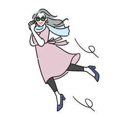 ワンピースで軽やかに動くおしゃれなシニア女性のイラスト