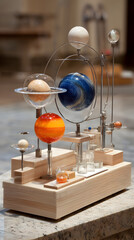 Beautifully handcrafted wooden orrery, an intricate scientific model demonstrating the celestial mechanics and planetary orbits within our solar system
