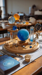 Elaborate Physics Demonstration Setup with Spheres, Globe, and Scientific Instruments Arranged on a Table for Educational Exploration