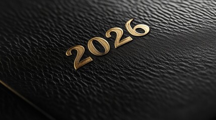 Close-up of a black leather planner embossed with the year 2026, showcasing its elegant texture