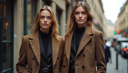 Identical twin girls pose on city street in Paris. Models wear brown coats, black shirts, leather belts. Sisters look alike, stand near each other, style is chic and trendy.