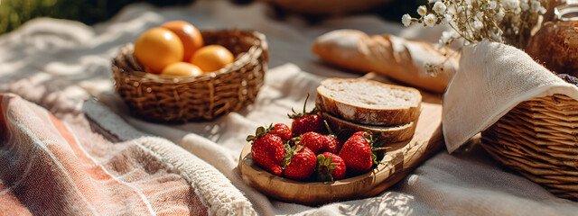 Delicious picnic spread with fresh strawberries, oranges, and artisan bread on a blanket in the sunshine