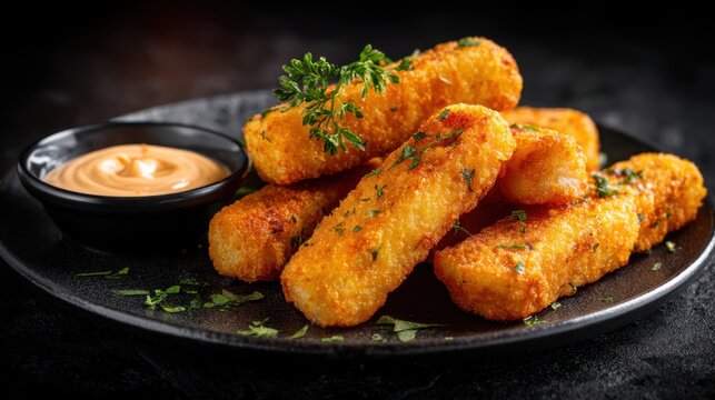 Crispy golden fish sticks with herb garnish and dipping sauce on black plate.