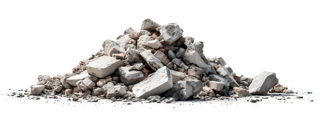 Pile of construction rubble, broken concrete and debris isolated on a pristine white background, representing waste from demolition and building site cleanup activities