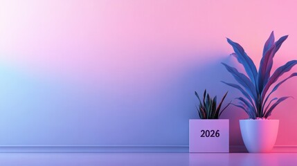 Modern interior scene featuring decorative plants against a softly lit gradient wall