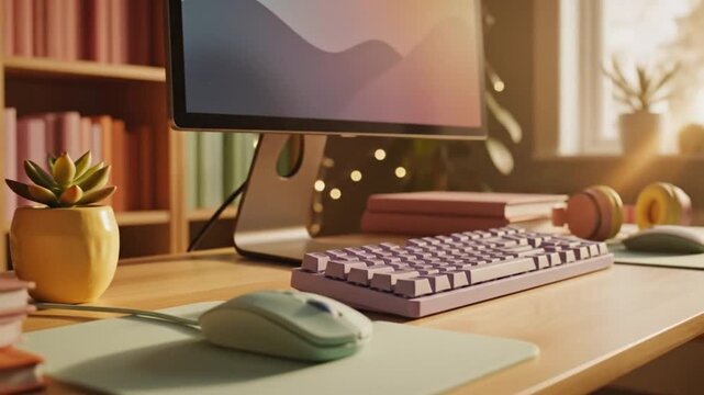 Cozy Home Office Desk with Computer, Pastel Keyboard, and Plant. Work from Home Setup.
