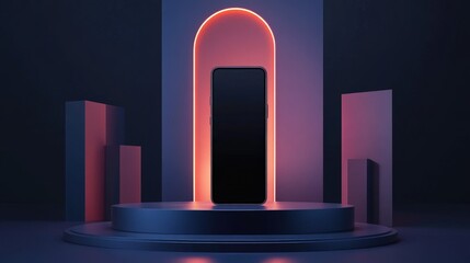 Modern smartphone displayed on a stylish pedestal with colorful lighting in a dark setting