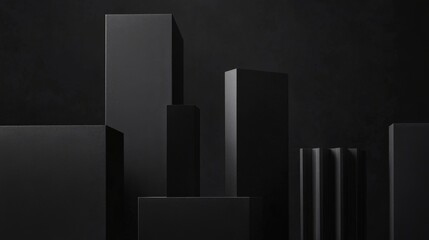 Abstract composition of black geometric shapes creating a modern urban skyline effect