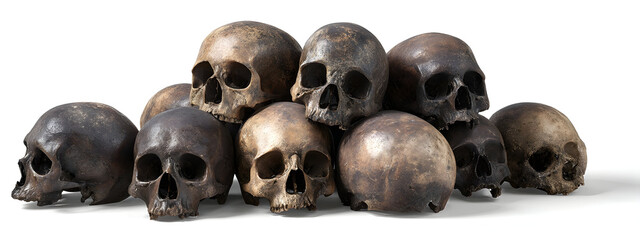 A pile of detailed human skulls, capturing the macabre essence of mortality and ancient remains