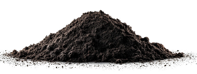 A pile of rich, dark soil, perfect for gardening and agriculture, isolated on a white background
