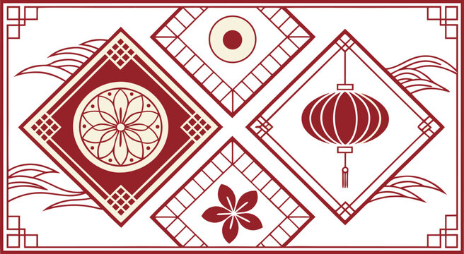 Lunar New Year decorative background with traditional Chinese lantern floral motifs and geometric diamond frames in a classic red and white graphic style