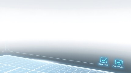 Futuristic interface with glowing approval icons on grid background