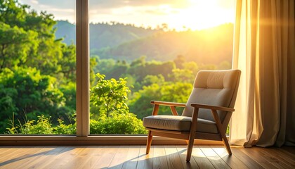 Serene Morning View - Armchair by Window Overlooking Lush Greenery.