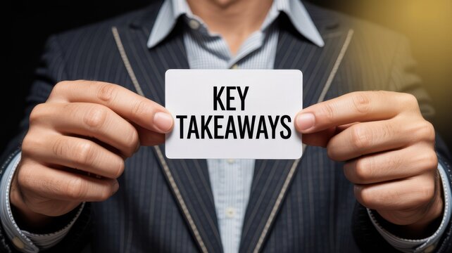 A professional in a suit is holding a white card with the words key takeaways displayed prominently presenting a concept