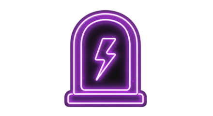 Neon purple tombstone with lightning bolt on transparent background