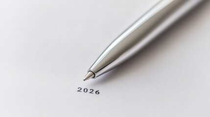 Close-up of a silver pen poised above a blank sheet of paper with the year 2026 printed below
