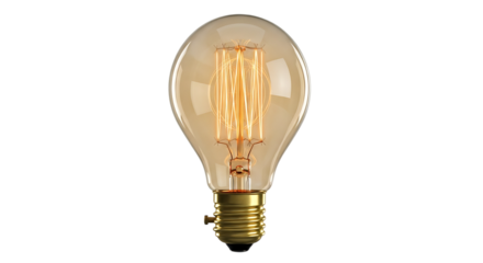 Vintage style light bulb with glowing filament isolated on transparent background