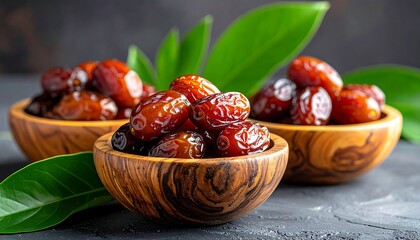 Delicious and Nutritious Dates in Wooden Bowls with Green Leaves.