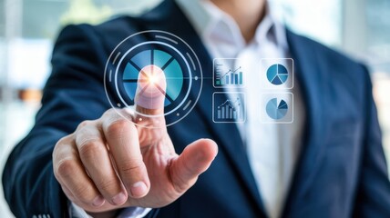 A professional in a suit interacts with a digital interface displaying data analytics charts emphasizing modern business technology and data driven decisions