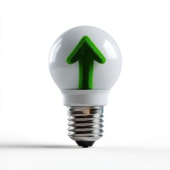 Eco-friendly light bulb with green upward arrow symbol on white background