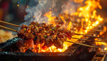 Delicious Chicken Satay Skewers Grilling Over Open Flames.