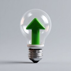 Green arrow shaped light bulb symbolizing innovation and growth on gray background