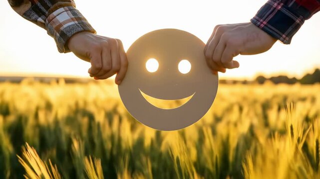 Hands Hold Smiling Face Symbol Against Golden Sunlit Wheat Field