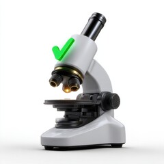 Microscope with green checkmark indicating approval or verification