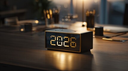 Modern digital clock displaying the year 2026 on a stylish desk in a contemporary office setting