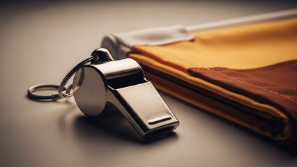 A dramatic close-up of a silver referee's whistle and a folded yellow/brown flag, symbolizing penalties, rules, and the intense officiating needed for major games like Super Bowl Sunday or any footba